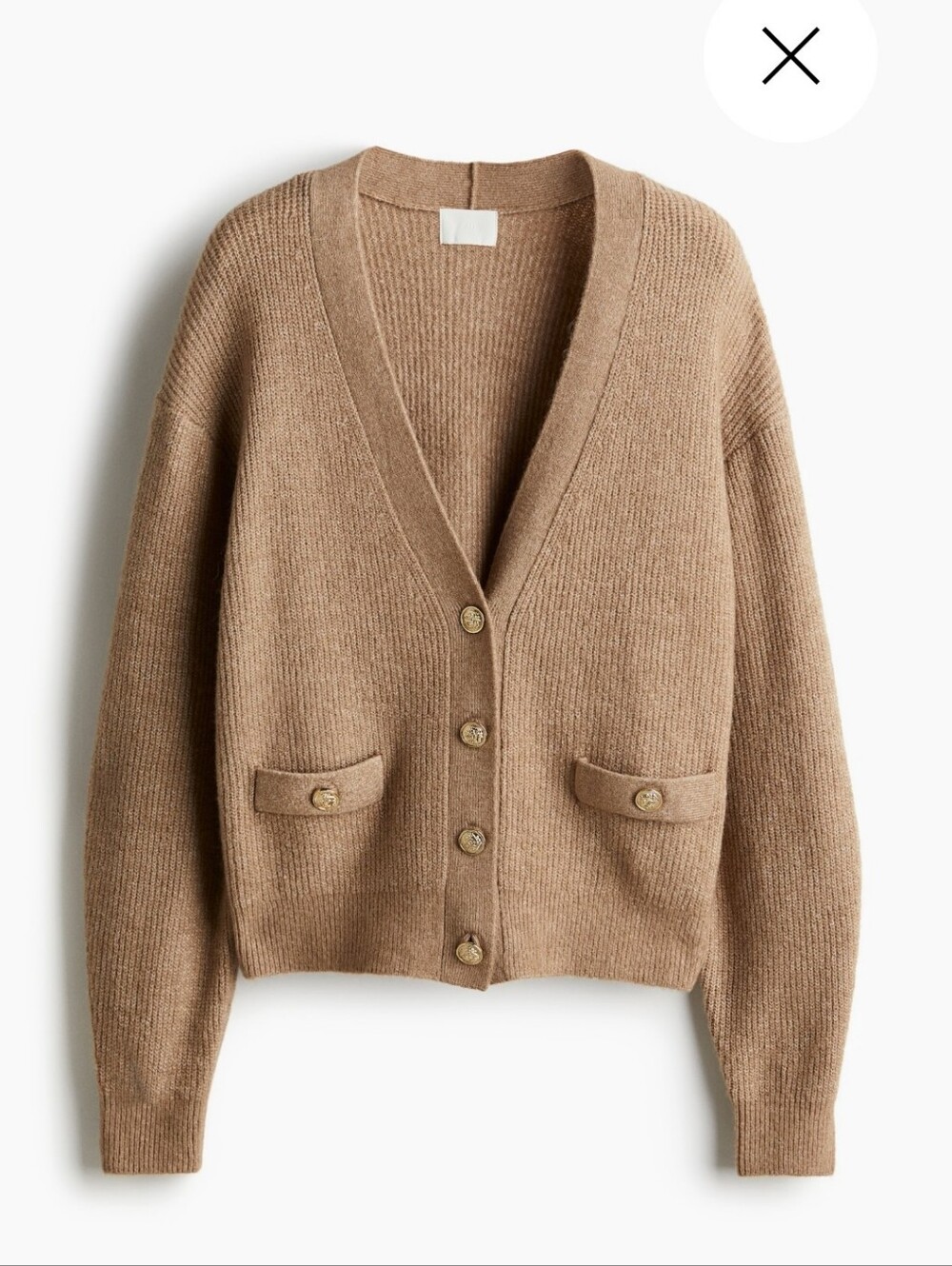 NWOT H&M Beige Rib-Knit Cardigan Sweater Gold Crest Buttons Pocket Flaps Size L